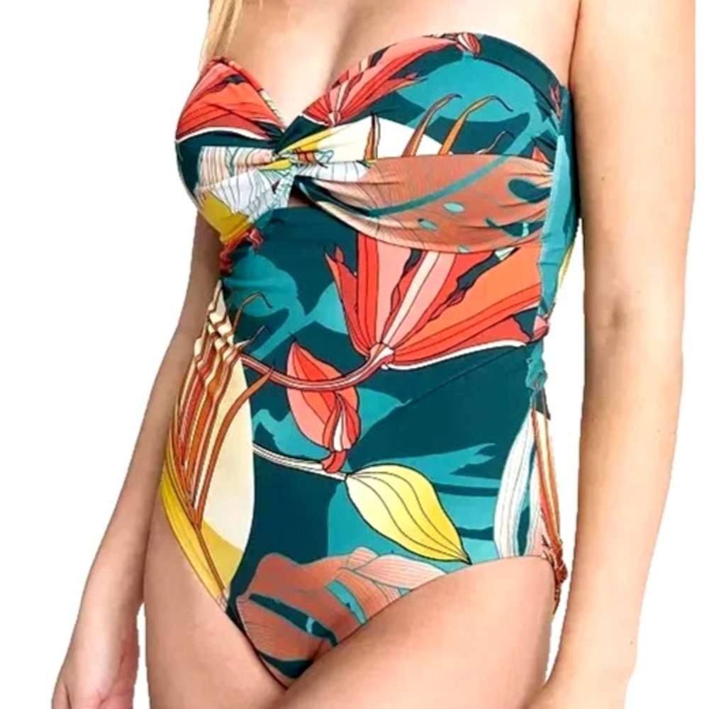 Calia Twisted Bandeau One Piece Women's Size 4 Botanical Print Sea Green NWT